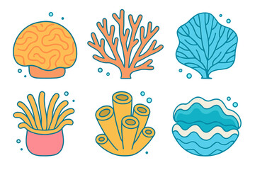 Colorful tropical coral, sea anemone, and clam shell marine life icons set