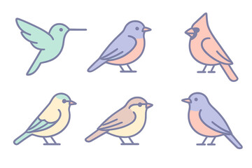 Six stylized colorful songbirds collection including hummingbird and cardinal