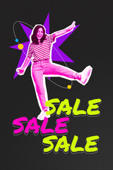 Banner image zine art pop trend collage of excited girl dance big sale consumerism addiction black friday shopaholic discount
