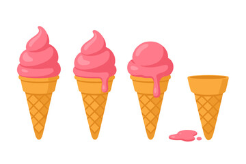Stages of melting pink soft serve ice cream in waffle cones showing the process of heat damage