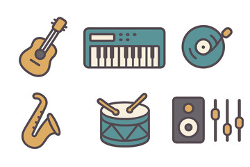 Colorful music and sound instruments including guitar, keyboard, saxophone, drum, turntable, and speaker