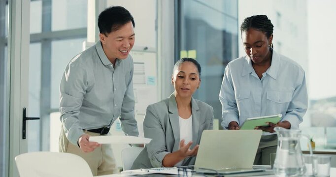 Teamwork, meeting and business people on tech with documents, finance report and proposal. Corporate, office and workers on laptop and tablet for investment deal, financial review and online budget
