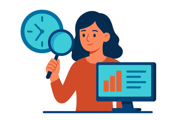 Woman analyzing business data and time management metrics using a magnifying glass