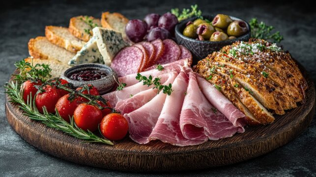 A beautifully arranged charcuterie board showcasing a selection of cured meats, cheeses, fresh bread, olives, grapes, and cherry tomatoes, presented on a rustic wooden platter.