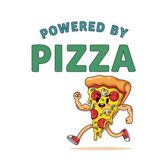 Vector art of cartoon pizza slice running, powered by pizza