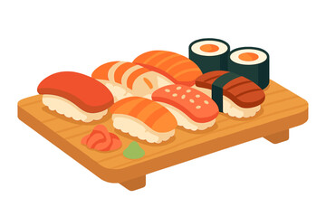 Traditional Japanese sushi set with nigiri and maki rolls served on a wooden board alongside ginger and wasabi © icon_art