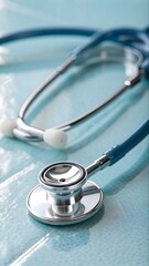 A close-up, high-angle image of a silver stethoscope on a light blue background. Clean, minimalist, and professional medical concept symbolizing healthcare, diagnosis, and clinical precision.