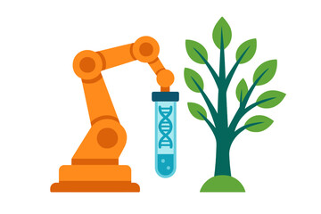 Automated robotic arm performing genetic research on a growing plant seedling