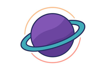 Colorful cartoon planet with prominent turquoise rings orbiting in outer space