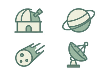Simple line icons representing key elements of space science, planetary bodies, and astronomical research