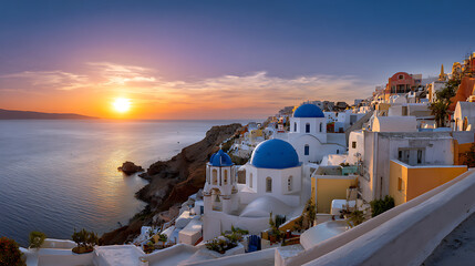 Oia Santorini Greece White Buildings Blue Domes Sunset Over Aegean Sea