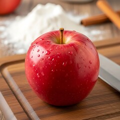 Fresh Red Apple on Wooden Board with Flour and Cinnamon Sticks.