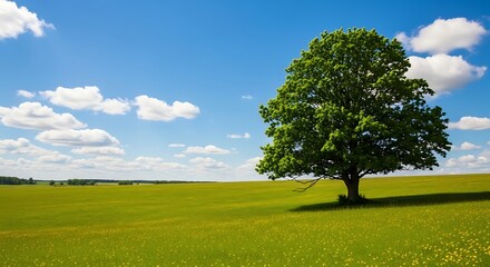 Lone Tree Standing Tall in a Lush Green Field.