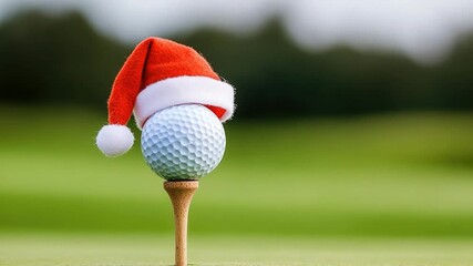 A golf ball with a Santa hat on a tee, perfect for holiday-themed golf courses or Christmas marketing