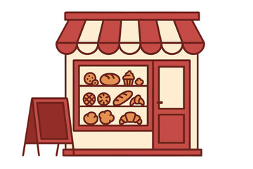 Small bakery shop facade with striped awning and window display of fresh bread and pastries