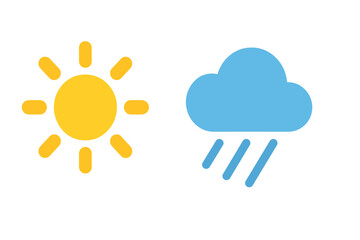 Bright yellow sun and blue rain cloud icons representing contrasting weather conditions