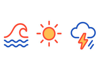 Colorful outlined icons set featuring ocean wave, bright sun, and thunderstorm