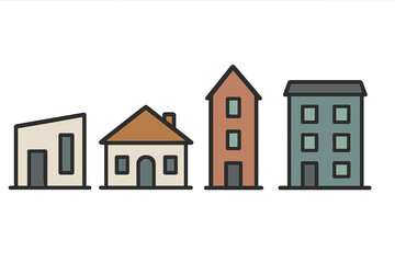 Collection of four stylized residential buildings and houses in a row on white
