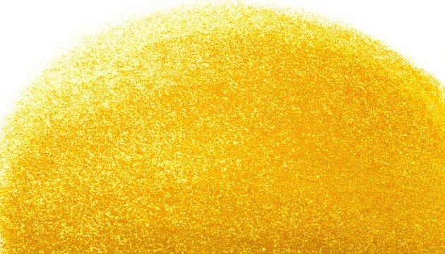 A luminous, granular texture forms a vibrant golden arc, its surface shimmering against a pristine white backdrop. The composition emphasizes texture and color
