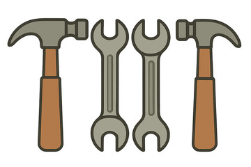 Symmetrical arrangement of construction tools featuring hammers and wrenches on a white background