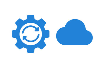 Blue gear icon with refresh arrows next to a cloud symbol representing synchronization and data processing