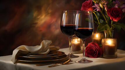 Romantic Table Setting With Two Glasses Of Red Wine Red Roses And Candles