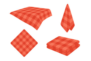 Red checkered picnic cloths and kitchen towels in various folded and spread arrangements