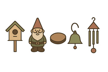 Set of garden decorative elements including birdhouse, gnome, bell, and wind chime