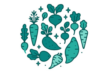 Stylized circular arrangement of root vegetables including carrots, radishes, and sweet potatoes