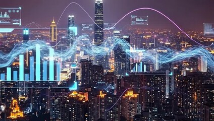 A night view of a cityscape, glowing data visualizations overlaid, displaying charts and flowing light - Powered by Adobe
