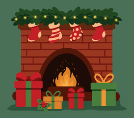 Festive vector illustration of warmth, comfort. With a fireplace, gifts, Christmas stockings. Atmosphere of Christmas, New Year's, a winter evening, family coziness. For cards, greetings, social media
