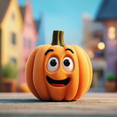 3D cartoon pumpkin with happy face, big eyes, and small rounded stem, set against blurred colourful buildings under blue sky, cheerful design, bright outdoor scene, and copy space.