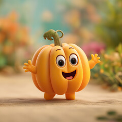 Cute 3D cartoon pumpkin character with big eyes and two arms, cheerful expression, colorful blurred outdoor background with green and orange hues, vertical format, copy space.
