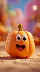 3D cartoon pumpkin with happy face and big eyes on sandy surface, colorful blurred background, vertical 9x16, cute Halloween character, copy space, bright cheerful design.