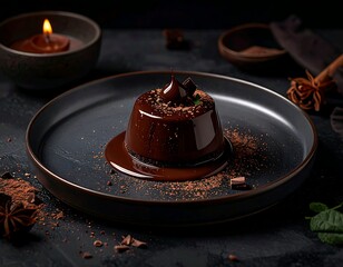 Dark Chocolate Dessert with Cocoa Powder and Anise Star Decoration