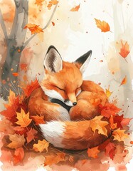 Fototapeta premium Schlafende Füchsin im Herbstlaub