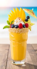 Tropical Mango Smoothie Delight with Fresh Berries and Starfruit Garnish.
