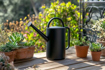Black watering can sitting on a wooden table surrounded by potted succulent plants, creating a modern outdoor garden scene