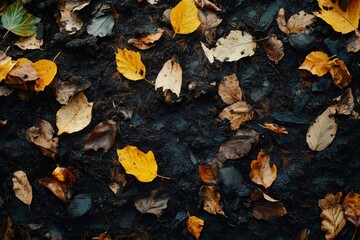 Autumn leaves scattered on dark, moist forest soil, highlighting fall season and natural beauty in a vibrant pattern