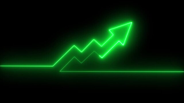 Abstract neon arrow business graph chart icon animation background. Market Recovery Concept. Successful growth trend Green line graph going Up. 