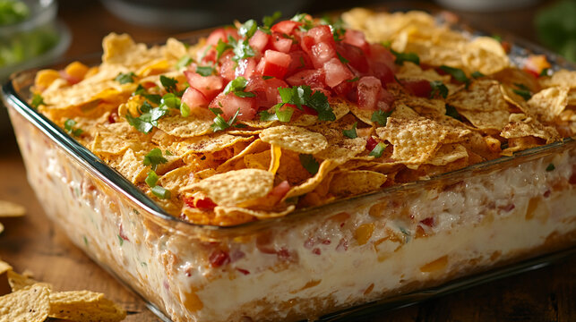 Delicious layered dip topped with corn chips, fresh tomatoes, and herbs, perfect for parties, game day, or family gatherings creating shareable moments