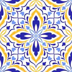 Mediterranean textured seamless pattern in blue yellow colors. Ethnic tile, mosaic design of Portuguese, Sicilian, Italian, Spanish motifs. Ornament for home textile or ceramic. Vector illustration