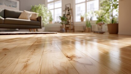 Vibrant photo of a sunlit living room with lush green plants and warm wooden flooring