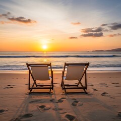 Beach chairs at sunset - A tranquil coastal escape.