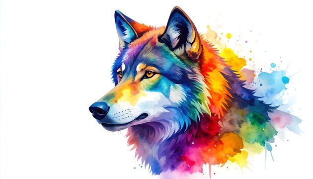 A majestic wolf portrait rendered in vibrant, watercolor-style hues. The artwork depicts the animal's head and upper body, with colorful splatters