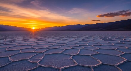 Death Valleys Hexagonal Salt Flats at Sunset.