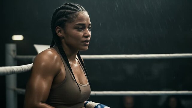Realistic Female Boxer In Corner After Fight Sweat Rain Dark Lighting