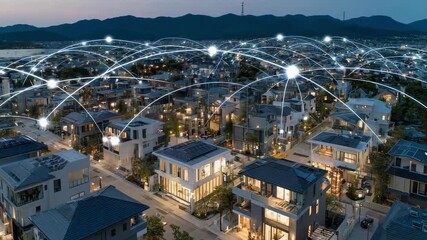 A futuristic suburban neighborhood at night with glowing arcs connecting smart homes via a city-wide IoT network. - Powered by Adobe