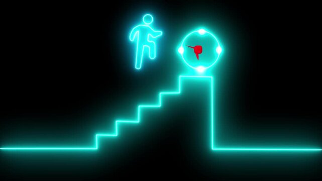 Glowing neon line of man conquering mountain peak icon isolated on transparent background 4k