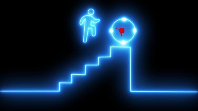 Glowing neon line of man conquering mountain peak icon isolated on transparent background 4k